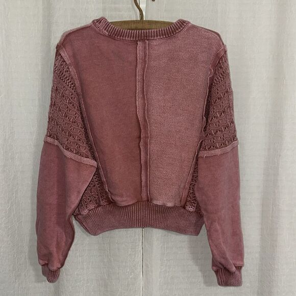 ALTAR’D STATE M Jenna Ash Rose Pink Stone Washed Crochet Pieced Crewneck Top - Picture 9 of 16